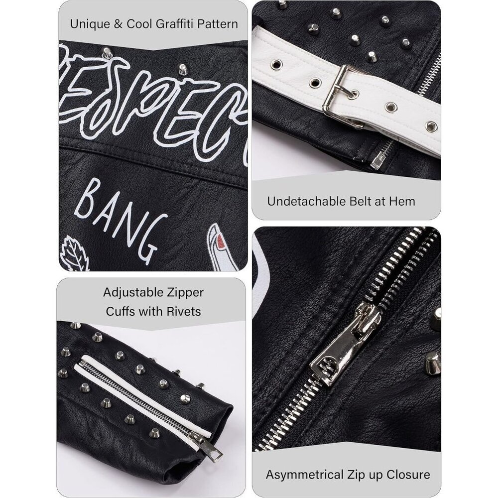 Women Black White Studded Rivet Floral Biker Short Lapel Coat Leather Jacket - Picture 4 of 6